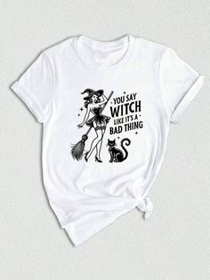 Blanco Casual Collar manga corta  Animal,Dibujos animados,Color combinado,Figuras,Geométrico,Gráfico,Halloween,Letras,A rayas,Plantas,Frase,Estampado en Textura  Embellished Halloween Novelty T-shirt With Graphic Print, Halloween Novelty Cotton T-shirt, Witchy Halloween T-shirt With Graphic Print, Spooky Character Print Tops For Costume Party, Funny Cotton Halloween T-shirt, Halloween Graphic Tee Shirt, Halloween Graphic Print Shirt, Halloween Graphic Print Tee Shirt, Cotton Shirt For Halloween Costume Party