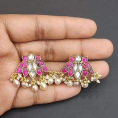 Kundan lotus studs with natural pearl drops Material : 925 Hallmarked Silver Stones : Semi-precious pink and white kundans , natural fresh water pearls Fresh Water Pearls, Pin Pendant, Natural Pearl, Water Pearls, Pendant Rings, Natural Beads, Pearl Drop, Natural Pearls, Pink And White