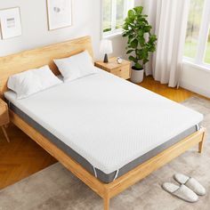 a bed with white sheets and pillows in a room next to a plant on the floor