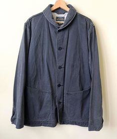 Taylor Supply- cotton/medium weight/shawl collar/4 large pockets 2 external, 2 internal/distressed blue/late 2000s/SIZE L/oversize fit/models wears a M-L/RARE/made in USA/no holes, no stains/near perfect Across the Shoulders - 18" Pit to Pit - 24" Sleeve - 35.5" Length of Garment - 27.5" Closure - original (anchor)  plastic buttons Work Coat, Shawl Collar, Oversized Fits, Fitness Models, Favorite Outfit, Jackets & Coats, Gender Neutral, Art Collection, Bathing Beauties