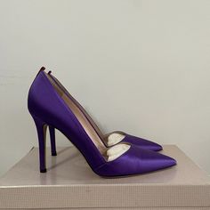 Excellent Condition - Worn Twice Heel Height: 100mm Satin Upper Leather Lining Leather Sole Pointed Toe Her Cut Is Both Sexy And Flattering And Very Forgiving For Those With Slightly Wider Feet. Purple High Heel Shoes For Events, Chic Purple Heels For Gala, Purple Pointed Toe Heels For Gala, Purple Pointed Toe Heels For Formal Occasions, Purple Pointed Toe Heels For Evening, Purple Sculpted Heel Formal Heels, Fitted Purple Heels For Formal Occasions, Elegant Purple Evening Heels, Purple Sculpted Heel Evening Heels