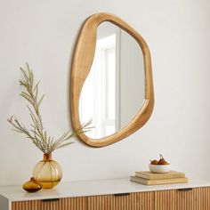 a mirror on the wall above a dresser with a vase and plant next to it