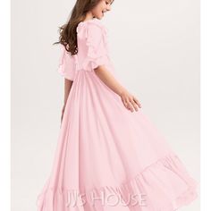 Asymmetrical Chiffon Dress, High Low Ball Gown, Champagne Color Dress, Jjs House, Flower Girl Dresses Blue, Girls Bridesmaid Dresses, Pink Flower Girl Dresses, House Dresses, Ball Gowns Princess