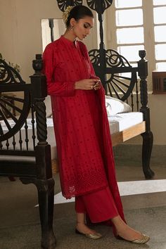 Cross Stitch Ruby Red 3PC Chikenkari Lawn Original brand suit fabric and photography lite diffrance in actual print. Chikankari Dupatta, Salwar Kameez Pakistani, Pakistani Suits Online, Latest Salwar Kameez, Unstitched Dress Material, Red Suit, Lawn Suits, Suit Fabric, Pakistani Suits