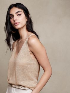 Costa Linen-Blend Tank | Banana Republic Chic Linen Tank Top, Chic Linen Camisole Tank Top, Summer Linen Tank Top For Layering, Chic Linen Cami Tank Top, Chic Linen Tank Top With Relaxed Fit, Chic Relaxed Fit Linen Tank Top, Chic Linen Camisole For Vacation, Viscose Rayon, Luxury Linen