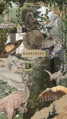 an altered collage of dinosaurs and other things