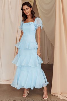 Delwynn Puff Sleeve Layered Midi Dress Blue Tiered Dress Outfit, Ruffle Dress Formal, Blue Wedding Guest Dresses, Sunday Dresses, Bridal Events, Midi Dress Blue, Fashion Design Patterns, Birthday Brunch, Prom Dress Inspiration