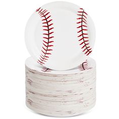 a white paper plate with red stitches on it and a baseball ball in the center