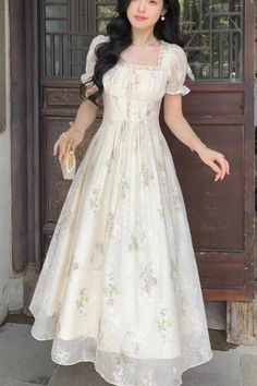 43690480435244|43690480468012|43690480500780 Spring Banquet Vintage Dress, Spring Banquet Midi Dress With Square Neck, Cottagecore Square Neck Party Dress, Vintage Short Sleeve Dress For Banquet, Beige Midi Dress For Wedding With Square Neck, Vintage Summer Wedding Dress With Square Neck, Elegant Vintage Prom Dress For Spring, Square Neck Floral Print Midi Dress For Wedding, Feminine Vintage Dress With Square Neck For Garden Party