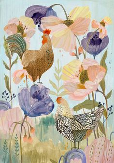 Chickens Among Flowers | Children's Illustrators | Children's Books Chicken Mural, Kendra Binney, Fabric Ruffles, Art Bin, Cottage Core Art, Chicken Illustration, Living Garden, Sweet Drawings