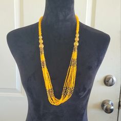 Brand New. Handmade Glass Beads Statement Necklace. Great Quality Long Beaded Chain Costume Necklace, Costume Jewelry Long Beaded Necklace, Yellow Multi-strand Polished Beaded Necklaces, Beaded Glass Long Necklace As A Gift, Costume Jewelry Long Beaded Necklace With Faceted Beads, Long Costume Jewelry Beaded Necklace With Faceted Beads, Yellow Glass Beaded Chain Jewelry, Glass Necklaces With Gold Round Beads, Yellow Beaded Necklaces With Faceted Beads For Gift