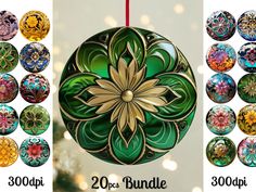 an ornament is shown with different colors and designs