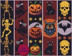 a cross stitch pattern with pumpkins, skulls and other halloween related items on it