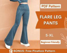 the woman is wearing flare leg pants with high waist and wide legs, while she has her hands on her hips