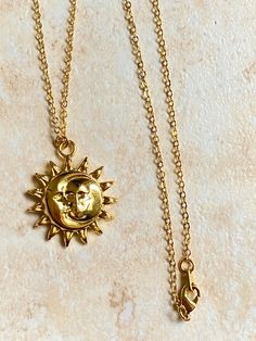 Sun & Moon Necklace 𖤓 Gold Plated Brass 𖤓 18in Chain 𖤓 Cute & trendy Trendy Moon Charm Jewelry As Gift, Trendy Moon Charm Jewelry Gift, Trendy Gold Charm Necklace With Moon Charm, Trendy Round Jewelry With Moon Charm, Everyday Adjustable Sun And Moon Design Necklace, Adjustable Moon Phase Charm Necklace, Trendy Moon Charm Necklace As Gift, Everyday Sun And Moon Design Necklaces, Adjustable Sun And Moon Design Necklace