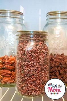 three glass jars filled with nuts on top of a metal rack next to each other