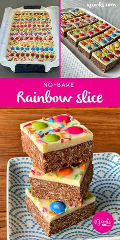 no - bake rainbow slice cake with white frosting and sprinkles