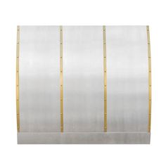 a white and gold wall with metal strips on the bottom, in front of a white background