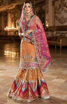 Pakistani Mayon Dresses, Orange Gharara, Gharara Dress, Mayon Dresses, Dress For Wedding Party, Dresses Pakistani, Mehndi Dresses, Pakistani Dresses Online, Raw Silk Fabric