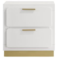 a white and gold dresser with two drawers on it's sides, against a white background