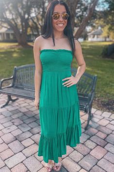 Strapless Smocked Maxi | Sophie & Trey Casual Smocked Ruched Stretch Dress, Casual Stretch Smocked Ruched Dress, Casual Ruched Smocked Stretch Dress, Casual Stretch Smocked Dress With Ruched Detail, Casual Smocked Stretch Dress, Casual Stretch Smocked Dress With Ruffles, Trendy Green Smocked Top, Spring Casual Smocked Stretch Dress, Casual Cotton Smocked Dress For Day Out