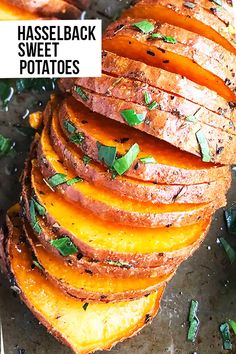 sliced up sweet potatoes with herbs on top