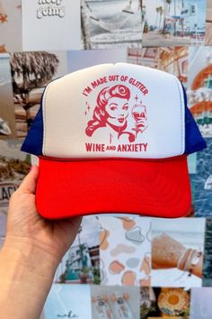 Wine, Glitter, and Anxiety Trucker Hat is the perfect hat for all occasions! So cute for girls trips or just to wear at the pool Adjustable Snap Back Foam Trucker Summer Trucker Hat, Cute Trucker Hat, Womens Trucker Hat, Funny Trucker Hat, Girls Trips, Glitter Wine, Hat Summer, Silver Jewelry Fashion, Fashion Graphic