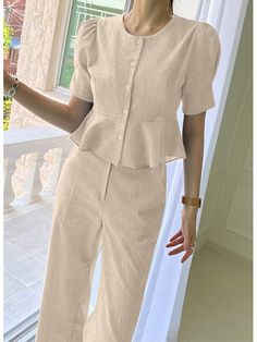 Solid Ruffle Button Pocket Wide Leg Two Pieces Suit Summer Design, Shoulder Length, Ruffle Hem, Two Pieces, See More, Wide Leg, Shop Now, Sleeve Length