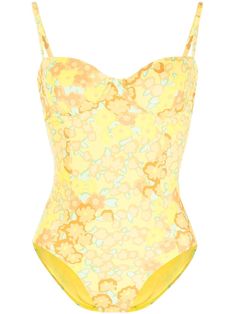 Tory Burch Floral Print Swimsuit - Farfetch One Piece Swimsuit Outfit, Rounded Wardrobe, Swimsuit Yellow, Baithing Suits, Rosabella Beauty, Swimsuit Aesthetic, Flower Swimsuit, Yellow One Piece, Yellow Swimsuits