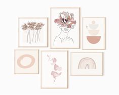 six framed art pieces with flowers on them