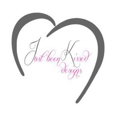 a heart with the words just been kissed designs written in pink and grey on it