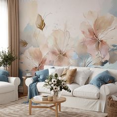 a living room filled with furniture and flowers on the wall