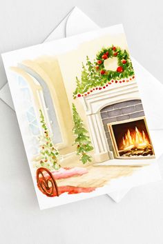 a christmas card with a fireplace and wreath