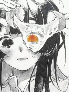 a drawing of a girl with an orange eye