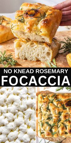 no knead rosemary focaccia recipe collage with images and text overlay