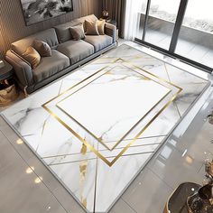 a living room with marble flooring and gold accents