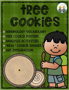 a poster with the words tree cookies and a boy holding a wooden spoon in front of it