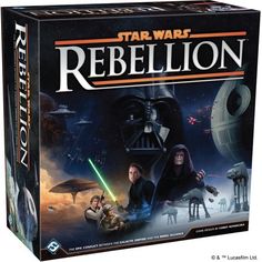 the star wars rebellion board game is shown in its box and has two characters on it