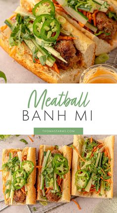 the meatball banh mi sandwich is cut in half and ready to be eaten