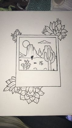 a drawing of a cactus and mountains in a frame with flowers on the bottom right side