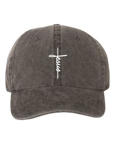 Jesus Cross Cursive   -  Pigment Dyed Hat  Color Shown In First Picture Is Black Pigment Don't See A Color?  Message Us!  Hat  Material: - 100% cotton pigment dyed twill - Unstructured, six-panel, low profile - Self-fabric sweatband and six sewn eyelets - Self-fabric strap with brass snap buckle and sewn grommet - Design is printed on hat with premium vinyl. We Handpick And Choose The Best Quality Brands And Materials! Adjustable Washed Cap, Adjustable Soft-washed Cap, Adjustable Curved Bill Pre-washed Hat, Jesus Hats, Black Pigment, Jesus Cross, Fabric Strap, Hrithik Roshan, Black Cap