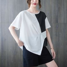 Sku CY-!119077 Material Cotton Style Loose Feature Splicing Neckline Round Occasion Going out, Casual, Vintage Seasons Spring, Summer, Autumn Type T-Shirt Color White, Black, Blue Size One size Size Chart: Please consult the size chart we provide for this item's measurements to help you decide which size to buy. Please note: There may be 1-3cm differ due to manual measurement. CM Bust Shoulder Sleeve Length One size 120 54 17 62 Casual White Spliced T-shirt, Spring White T-shirt With Contrast Color, Casual White Patchwork T-shirt, Short Sleeve Patchwork Top In Contrasting Colors, Casual Short Sleeve Blouse With Splicing, Casual Short Sleeve Spliced Blouse, Spring Crew Neck Blouse With Splicing, Contrast Patchwork Short Sleeve Top, White Short Sleeve Blouse With Patchwork