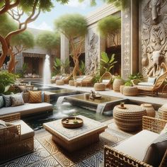 an artistic rendering of a courtyard with wicker furniture and water fountain in the center