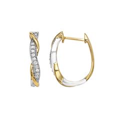 These two-tone diamond U-hoop earrings shimmer with style and sophistication. EARRING DETAILS Length: .79 in. Backings: click-it Metal: white rhodium-plated sterling silver, yellow rhodium-plated sterling silver DIAMOND DETAILS Total weight: 1/4 ct. Shape: round Color grade: H-I Clarity: I1-I2 Setting: prong Diamond weights are approximate. Diamond total weights may vary between .01 and .08 ct. Some diamonds have fewer than 17 facets. Gemstones may have been treated to enhance their appearance. White Diamond Hoop Earrings For Formal Occasions, Formal White Diamond Hoop Earrings, White Diamond-accented Small Hoop Earrings, White Diamond Accented Small Hoop Earrings, White Diamond Hoop Earrings With Pave Setting, White Hoop Earrings With Diamond Accents For Anniversary, White Small Hoop Earrings With Diamond Accents, White Diamond Hoop Earrings For Anniversary, White Small Hoop Diamond Earrings Fine Jewelry