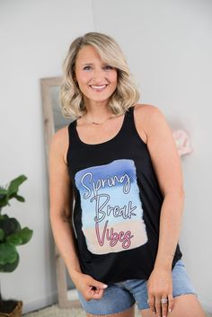 Spring Break Vibes Tank Top-BT Graphic Tee-Stay Foxy Boutique, Florissant, Missouri Spring Break Vibes, Wavy Brown Hair, Plus And Minus, Brown Hair With Highlights, Short Blonde, Short Blonde Hair, Spring Tops, Shirt Brand, Small Tops