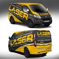 the side and back view of a van wrap design for laser printing company in australia