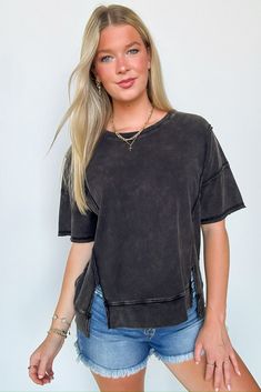 Avania Raw Edge Washed Short Sleeve Top - BACK IN STOCK · Madison + Mallory Relaxed Fit Crew Neck Knit Top For Layering, Crew Neck Top With Frayed Hem, Crew Neck Tops With Frayed Hem For Layering, Versatile Soft Knit Crew Neck Tops, Versatile Relaxed Fit Crew Neck Knit Top, Washed Black Tops For Spring Loungewear, Trendy Cotton Knit Top For Layering, Frayed Hem Tops For Fall Layering, Fall Layering Tops With Frayed Hem