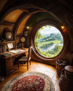 a room with a large round window and a desk in the corner, along with a rug on the floor