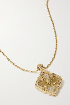 Buccellati's 'Opera' motif is both a house symbol and tribute to its Italian heritage, recalling patterns commonly found in Renaissance artwork and classical architecture. Cast from 18-karat gold, this pendant is carved by hand using the label's 'Tulle' technique. Designer Gold Necklace With Polished Finish, Luxury Medallion Jewelry With Filigree, Luxury Filigree Medallion Jewelry, Luxury Medallion Necklace With Intaglio, Luxury Intaglio Pendant Jewelry, Luxury Medallion Necklace With Intricate Design, Luxury Necklaces With Intricate Medallion Design, Designer Yellow Gold Necklace For Wedding, Designer Engraved Necklaces For Formal Occasions