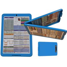 a blue case with instructions for sewing on the front and back sides, next to a clipboard